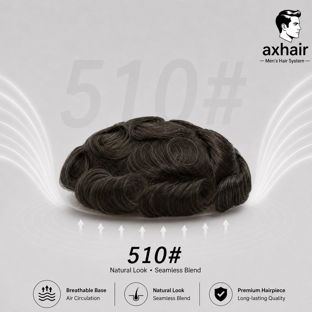 Men's hair unit, dark wavy full-cap natural look seamless blend, 510# color